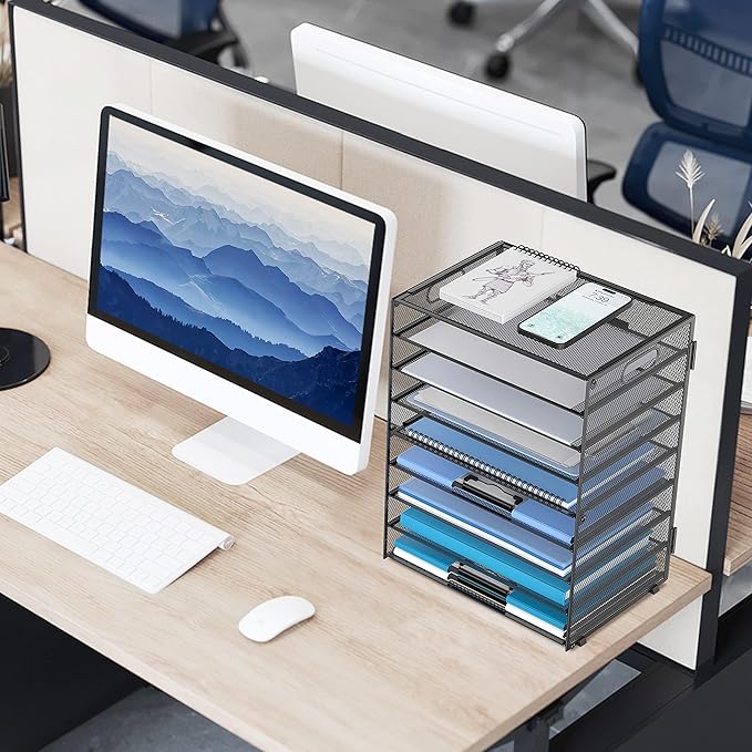 DALTACK 9-Tier Paper Organizer for Desk, Mesh Letter Tray Desk Organizer with Handles, Space-Saving File Organizer for Office Home School, Black