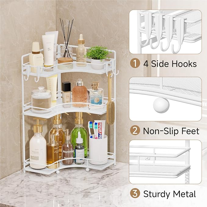 VITVITI 3 Tier Corner Bathroom Counter Organizer, Bathroom Countertop Organizer Storage for Sink, Metal Mesh Makeup Organizer for Vanity Countertop Kitchen with Hooks, White