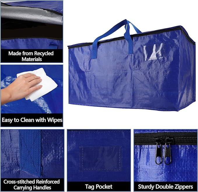 4 Pack Waterproof Moving Bags with Strong Zippers and Reinforced Handles, Real 100lb Capacity Extra Heavy Duty Large Storage Totes for Packing & Moving Storing, Alternative to Moving Boxes -95L,Blue