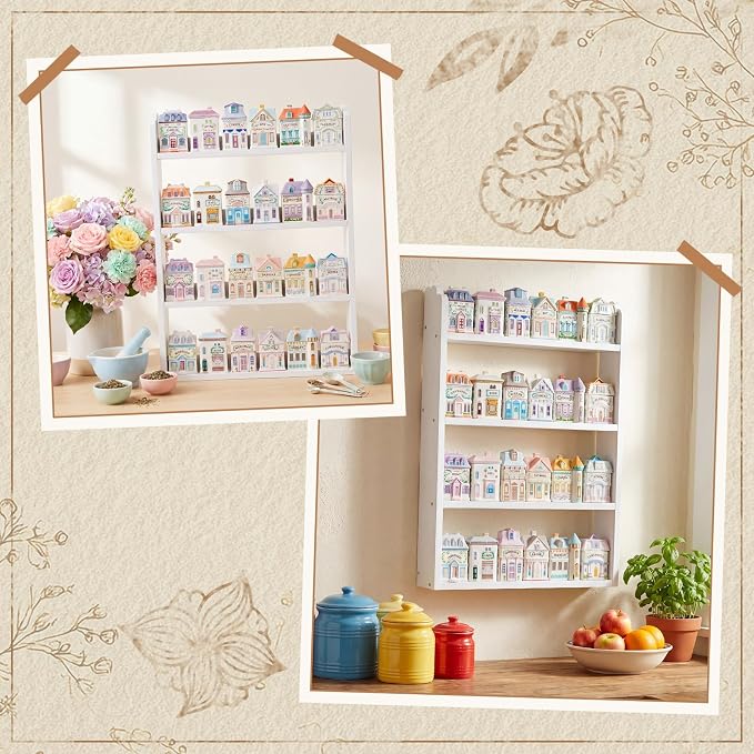 Sintuff Vintage Spice Rack 4 Tier Wood Spice Shelf Wall Mount House Village Style Jar Display Shelf for Kitchen Organizer Storage Display Holder, Holds 24 Jars, 22 x 14 Inches