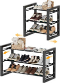 Homeiju Expandable Shoe Rack, 3 Tier Metal Shoe Shelf, Adjustable Shoe Stand for Sneakers, Boots, Heels, Heavy-Duty Steel Standing Shoe Organizer for Entryway, Closet, Bedroom, Black