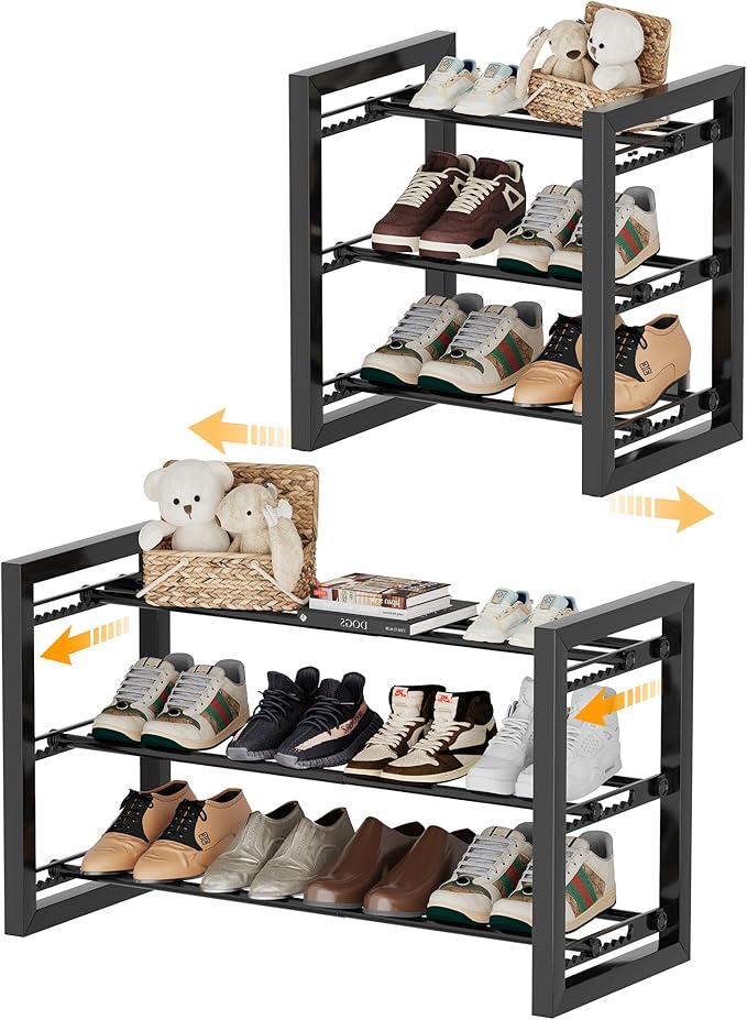 Homeiju Expandable Shoe Rack, 3 Tier Metal Shoe Shelf, Adjustable Shoe Stand for Sneakers, Boots, Heels, Heavy-Duty Steel Standing Shoe Organizer for Entryway, Closet, Bedroom, Black