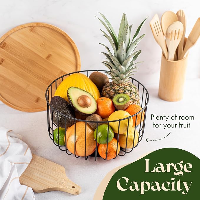 Fruit Basket for Kitchen Counter Set of 3 - Large Stackable Baskets with Bamboo Lid - Fruit Bowl, Perfect Holder For Fruits and Vegetable Storage -Keep Your Countertop Classy, Tidy and Slightly Fruity