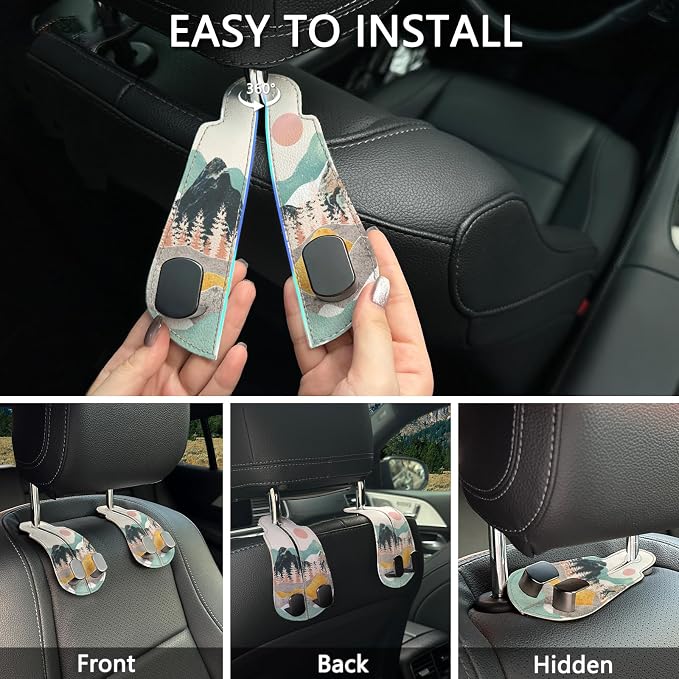 Blusabaca 2PCS Car Seat Headrest Hooks, Purses Bags Holder, Sunrise | PU Leather, Double Metal Back Storage Hangers for Grocery Bags Handbags Bottles Coats Phones, Car Accessories Organization