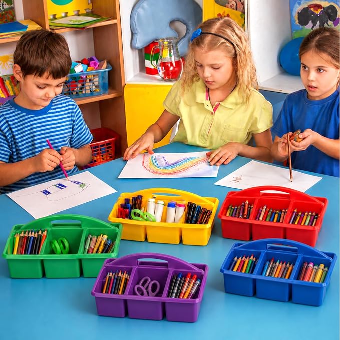 gisgfim 6 Pack Plastic Classroom Caddy with 6-Compartments Plastic Storage Caddies with Handle 6 Compartments Table Caddy Organizer Versatile Table Caddies for Classroom Office Storage, Rainbow Color