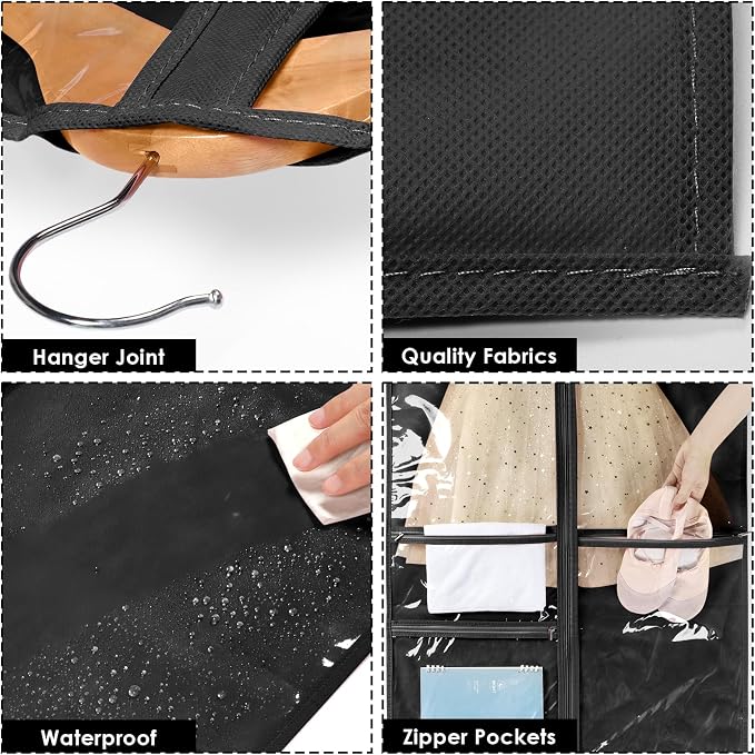 Univivi 40 Inch Kids Dance Costume Garment Bag, Dance Competition Garment Bags for Teens With 3 Medium Clear Zipper Pockets for Storage And Travel (Black) - 12 Pack