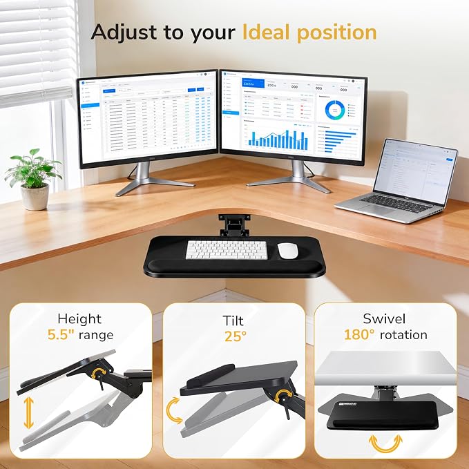 Mount-It! Under Desk Keyboard Tray, Slide-Out Keyboard Drawer with Height, Tilt and Swivel Adjustment, 25" x 10" Keyboard & Mouse Platform with Wrist Rest, Bolt-On Under Desk Mount