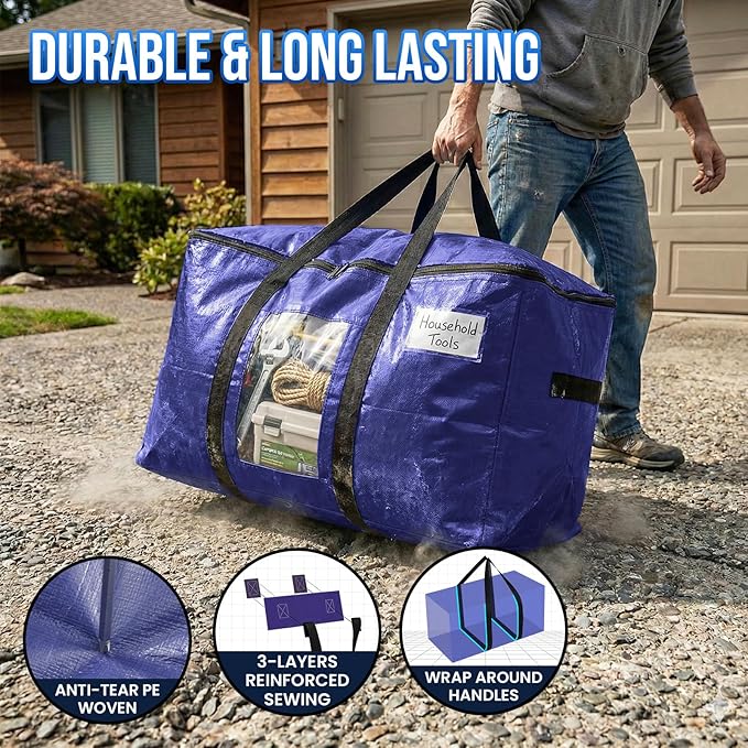 TAILI 6 Pack Dark Blue Extra Large Storage Bags, Heavy Duty Totes with Visible Window, Wrap Around Handles, Perfect for Moving