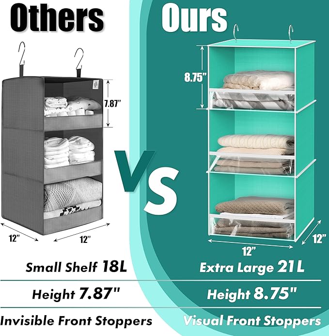 Simple Houseware 3 Shelf Hanging Closet Organizer with Front Stopper, Turquoise