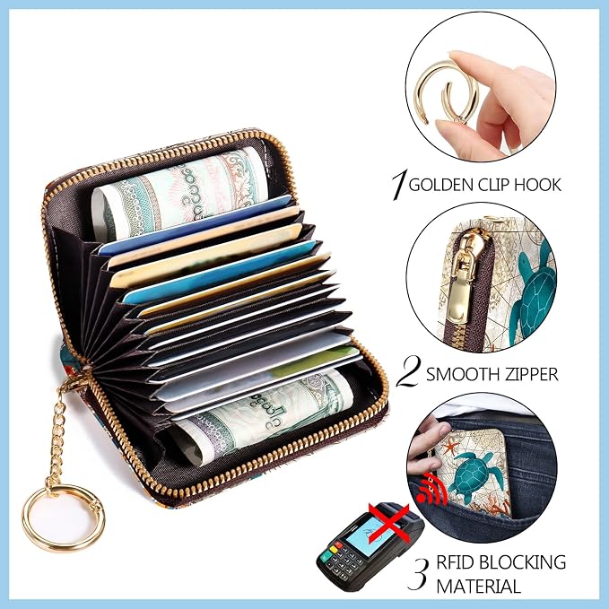 Blusabaca Women Credit Card Holder, Small RFID Wallet with Wristlet Strap | Removable Keychain, Case with Zipper, Vegan PU Leather, Cash Coin Pocket, Business Accordion Purse, Ladies Female Gift