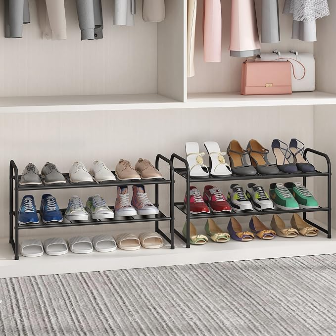 Simple Trending 2-Tier Stackable Shoe Rack, Metal Shoe Shelf Storage Organizer, Black