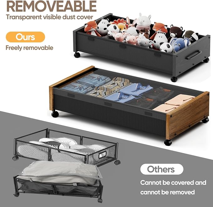 Under Bed Storage with Wheels, 2 Packs Wooden Storage Containers Extra Large Underbed Shoes Organizer, Rolling Under Bed Storage Drawers with Clear Lid, Heavy Duty for Clothes Toys 36"L (Walnut)