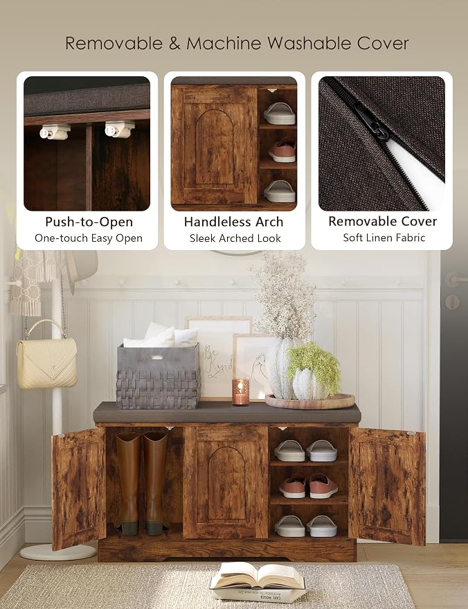 DINZI LVJ Shoe Bench, Entryway Storage Bench with Doors, Cushion, 3-Tier Shoe Rack with 9-Cubby, 39.4" L x 13.8" W Shoe Organizer Cabinet, Fully Adjustable Shelves, Living Room, Bedroom, Rustic Brown