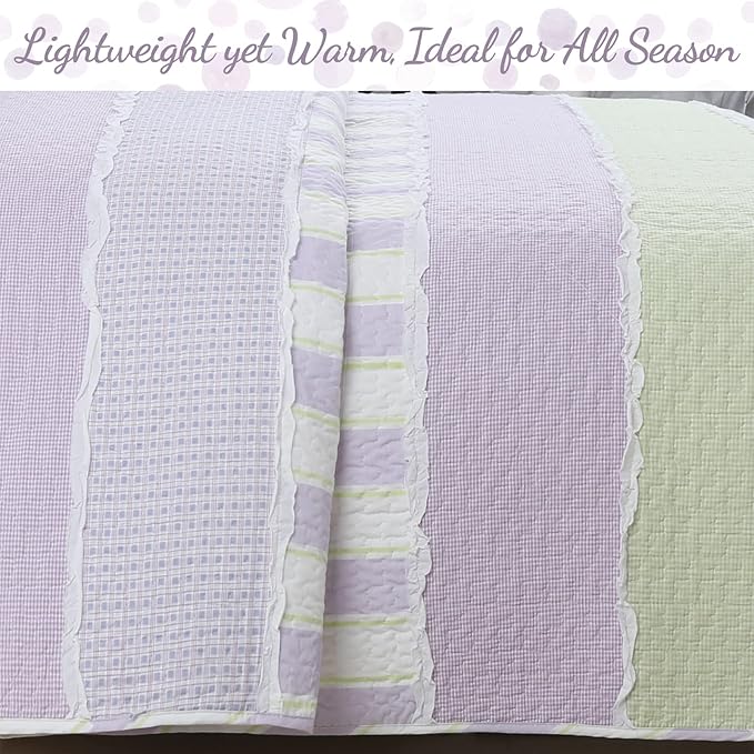 Cozy Line Lavender Green Stripe & Purple Dots Quilt Set – 2-Piece 100% Cotton Reversible All-Season Bedspread with Shams, Girls Kids Bedroom Décor, Twin