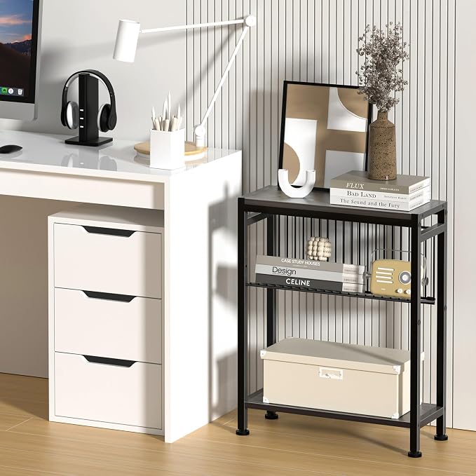 Side Table for Small Spaces, Set of 2 Narrow End Table with Magazine Holder, 2 in 1 Design Slim Side Table, Skinny Nightstand for Living Room Bedroom, Thin Side Magazine Table, Grey