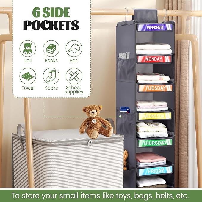 6-Shelf Weekly Clothes Organizer for Kids, Hanging Daily Closet Organization with 6 Side Pockets, Days of The Week Clothing Divider Storage for Boys and Girls (Grey)