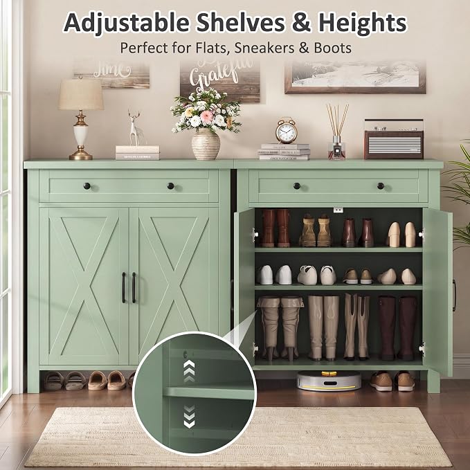 Farmhouse Shoe Storage Cabinet, 5-Tier High Boots Organizer with Adjustable Shelves, Large Drawer & Barn Doors, Entryway Shoe Rack for Hallway Living Room, Green