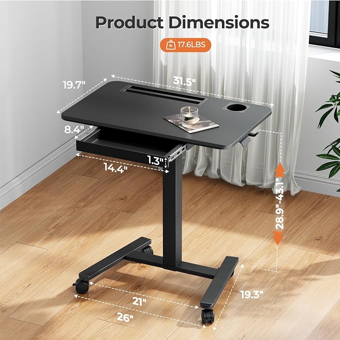 32" Mobile Desk with Drawer, Rolling Standing Desk on Wheels | Height Adjustable Desk with Cup Holder and Hooks, Portable Laptop Cart with Storage for Home Office, Black