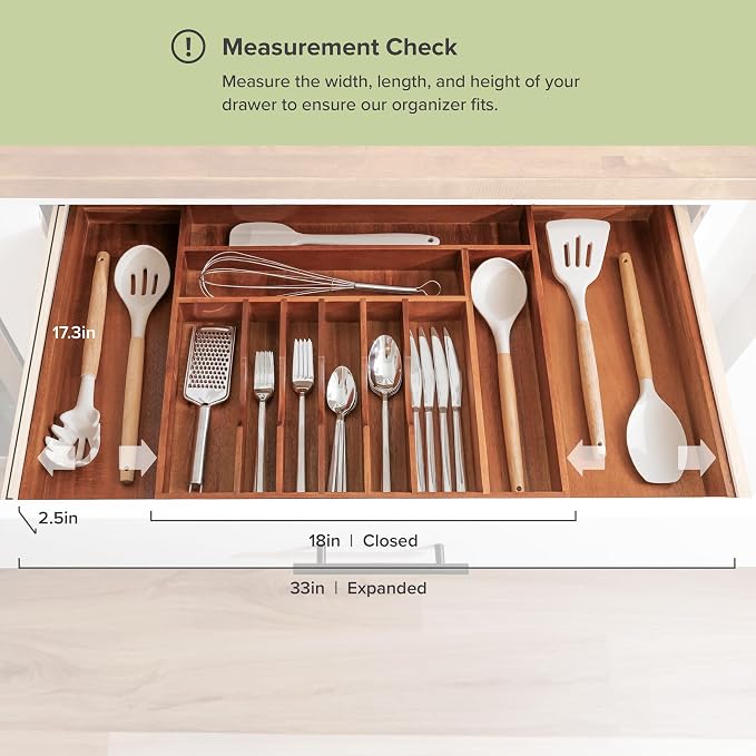 KitchenEdge Premium Silverware, Flatware and Utensil Organizer for Kitchen Drawers, Food-Safe Contract Grade, Expandable from 18 to 33 In, Natural Acacia