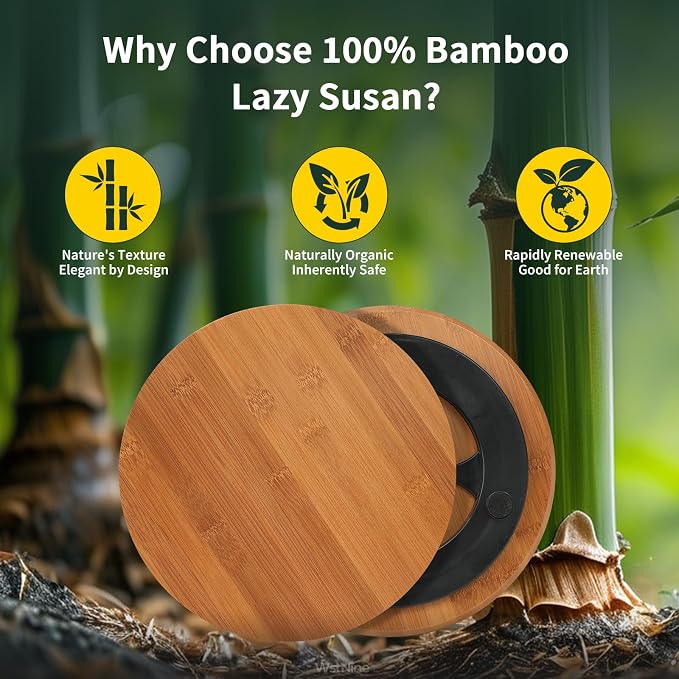11'' Bamboo Wood Lazy Susan Organizer, Lazy Susan for Cabinet Table Top Countertop Pantry Kitchen Spice Rack, Deep Carbonized Bamboo, Turntable Organizer, Large Spin Base, Rotating Tray No Slip