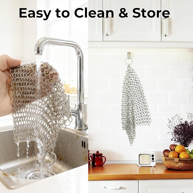 AMAGABELI GARDEN & HOME 10”x10” Stainless Steel Cast Iron Cleaner Chainmail Scrubber for Cast Iron Pan Skillet Cleaner for Dishes Cast Iron Pot Cookware Accessories BG263