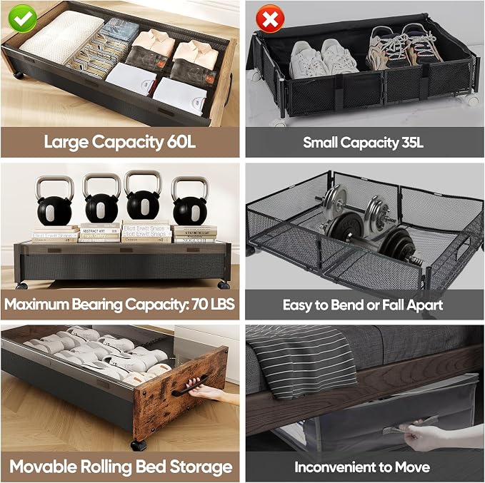 Under Bed Storage with Wheels, Wooden Under the Bed Storage with Remove Lid, Rolling Underbed Storage Drawers, Large Metal Storage Bins for Shoes Blankets Clothes Bedrooms Dorms (Vintage Brown-2pack)