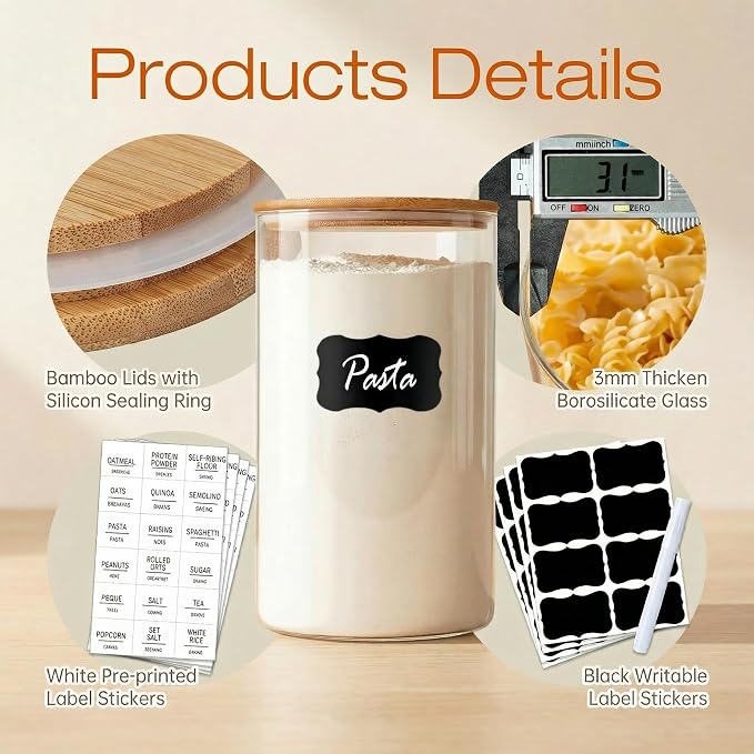 HomArtist Glass Jars with Bamboo Lids 28 floz [Set of 8], Glass Canisters with Airtight Lids, Glass Food Storage Containers for Pasta, Oats, Coffee, Flour, Sugar, Rice, Best for Kitchen & Pantry