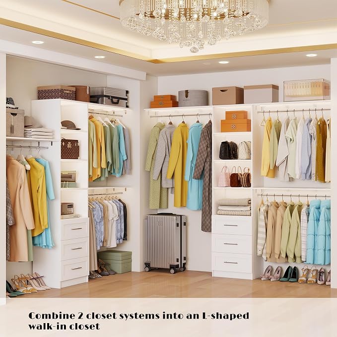 Closet System with 3 Drawers, 5FT-8FT Closet Organizer System Walk in Wooden Closet Storage System with Shelves Expandable Hanging Rods Built-in Closet Corner Wall Mount, White
