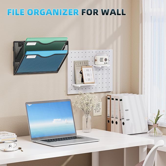 Marbrasse Wall File Holder 2-Tier Hanging Wall File Organizer, Mesh Mail Holder for Papers, Wall Mount File Clipboard & Magazine Organizer Great for Office Home (Black)