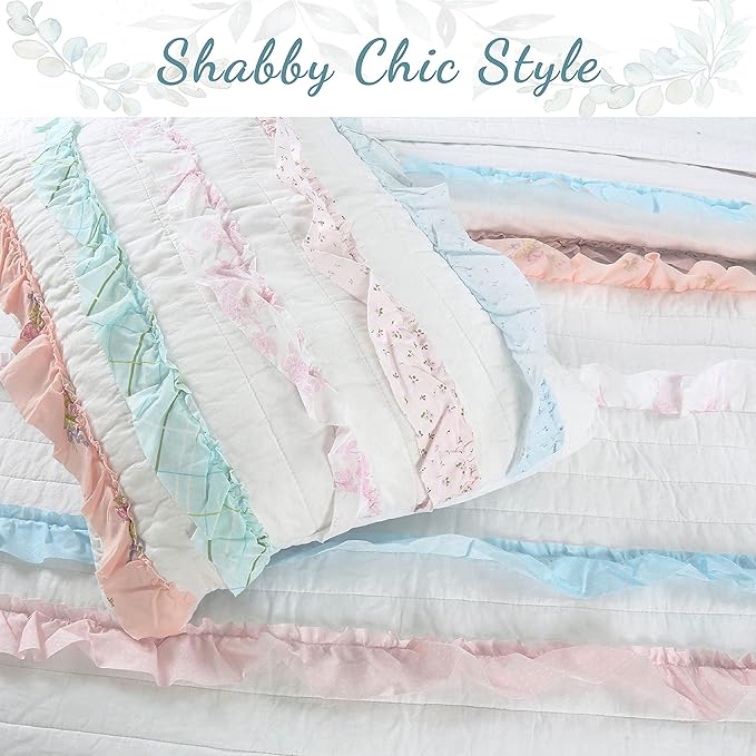Cozy Line Home Fashions Light Pink Blue Coral White Ruffle 100% Cotton Reversible Girl Quilt Bedding Set, Reversible Coverlet Bedspread (Shabby Chic, Queen - 4 Piece)