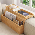 Bamboo Couch Armrest Tray with Storage Caddy for Drinks TV Remote Snacks | Non Slip Couch Arm Rest Table with Cup Holder, Adjustable Width Sofa Arm Tray