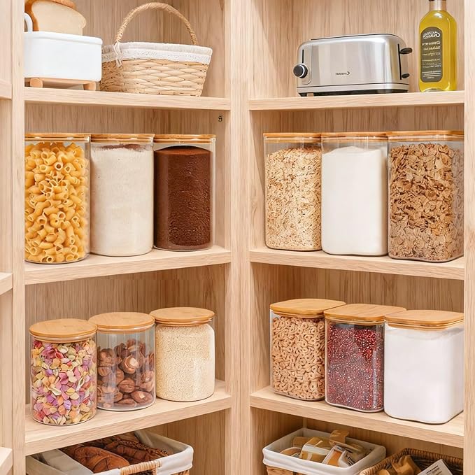 Glass Flour Containers with Bamboo Lids 1.6/4.6 Qt 2 Pack | Wide Mouth, Scoop Included, Kitchen Organizer，Flour Sugar Coffee Beans Pasta Cereal Dry Food Storage