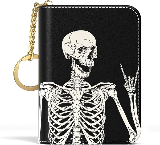 Aiawoxc Credit Card Holder, Small RFID Wallet Slim Leather Card Organizer Case with Zipper and Keychain, Skeleton