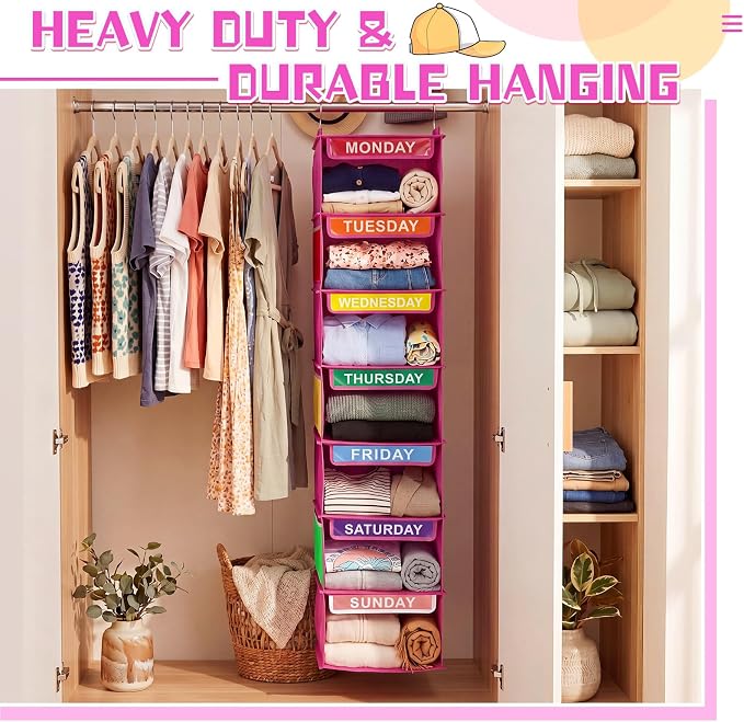 Amylove 2 Pcs 7 Shelf Weekly Clothes Organizer for Kids Hanging Closet Organizer 11. 8 x 11. 8 x 50 Inch Daily Activity Kids Clothes Storage Drawers Cube Drawers Closet Hanging Shelves(Rose Pink)