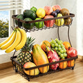2-Tier Fruit Basket for Kitchen Counter with 2 Banana Hangers | Large Metal Fruit Bowl, Versatile Holder for Veggies, Produce Storage, 12.5"×7.5"×12"-Bronze
