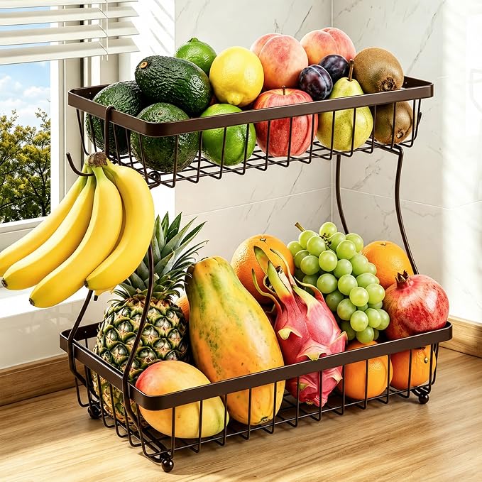 2-Tier Fruit Basket for Kitchen Counter with 2 Banana Hangers | Large Metal Fruit Bowl, Versatile Holder for Veggies, Produce Storage, 12.5"×7.5"×12"-Bronze