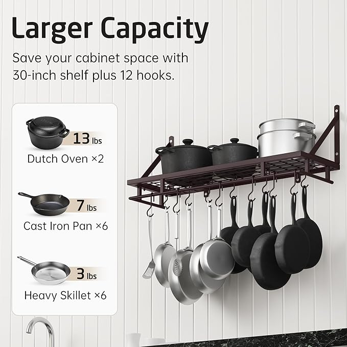 KES 30-Inch Wall Pot Rack, Oil Bronze, 88lb Capacity, 12 Hooks, Farmhouse | Cast Iron Pots and Pans Organizer, Reinforced Grid Shelf, Stud Mounting, Indoor Kitchen Organizer
