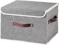 Collapsible Storage Boxes Baskets with Lid Cotton Linen Fabric Storage Bins with Faux Leather Handles Decorative Washable Cube Organizer Container for Home Closet Bedroom (Gray, Large Size)