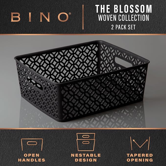 BINO l Plastic Storage Baskets, Large - Black | THE BLOSSOM COLLECTION l Multi-Use Organizer Bin l Built-in Handles l Plastic Woven Basket for Organizing l Pantry & Home Organizing Basket