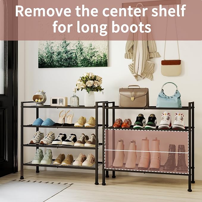 4-Tier Shoe Rack,Metal Simple Narrow Shoe Storage | Organizer Shelf for Closet,Entryway, Bedroom,Garage (Black, 4 Tier)