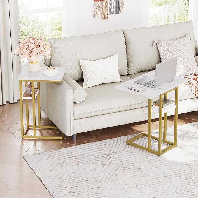 HOOBRO Foldable C Shaped End Table, C Shaped Side Table with Storage Shelf, Small Snack Table, Slide Under Couch Table for Sofa, Living Room Bedroom Small Spaces Easy Assembly, Gold DM29SF01
