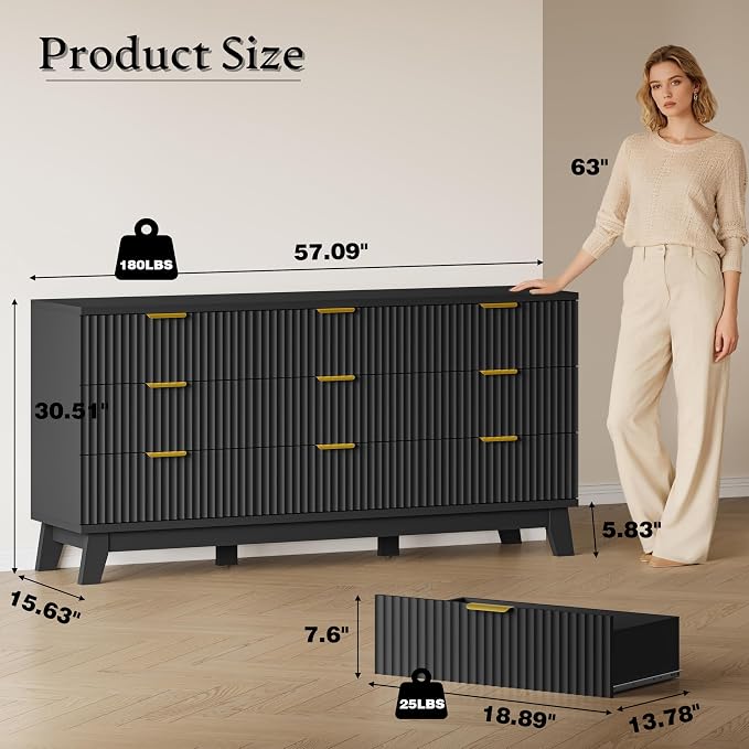 BORNOON Fluted 9 Drawer Dresser, 57.1" Wide Modern Boho Chest of Drawers, Wooden Storage Dresser TV Stand for Bedroom, Living Room, Closet, Hallway, Curved Profile Design