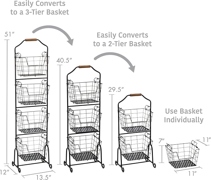 Mikasa Gourmet Basics Ferme 4-Tier Market Basket - Antique Black Wire and Acacia Wood Handle, Kitchen Fruit Vegetable Storage Organizer, 13.5 x 11.5 x 51 Inches