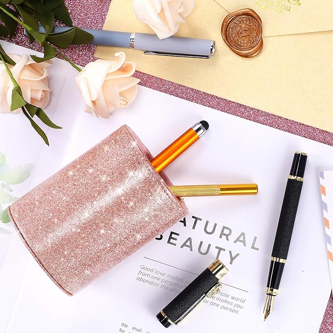 Outus Back to School Supplies PU Glitter Pen Holder Pencil Cup Shiny for Women Girls, Luxury Makeup Brush Holder PU Leather Organizer Cup Gift for Desk Office Classroom Home(Rose Gold)