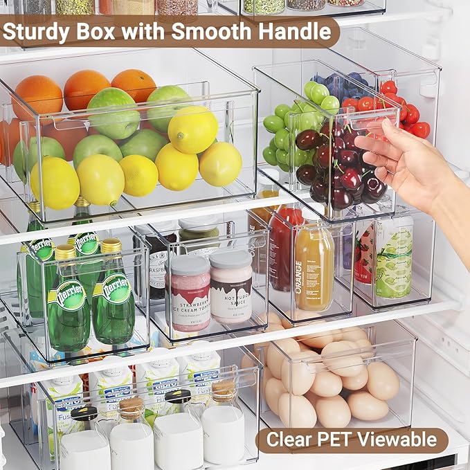Clear Plastic Storage Bins with Dividers for Fridge Pantry Organizers and Storage Containers, 3 Pack Large Acrylic Stackable Sturdy Storage Boxes for Home Edit and Cabinet Organizers C6-2