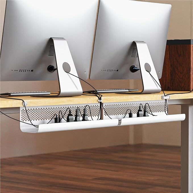 KHAMAL Cable Management Under Desk 26PCS - Cable Management Tray Kit Ventilated Hexagonal Design with Cable Clips, Wire Ties, Cord Holder & Screws for Office, Home - 2 White Sets