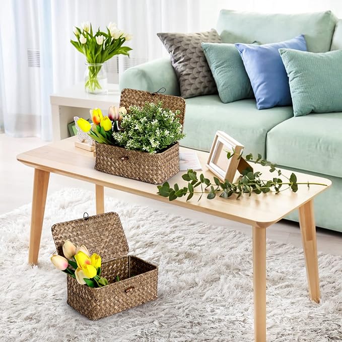 Natural Seagrass Storage Baskets with Lid,Multipurpose Home Organizer Bins Boxes for Shelf Organizer,Decorative Storage Bins- 12'' x 7'' x 6''