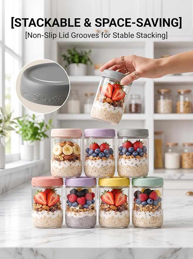 6-pack 16 oz Overnight Oats Containers with Lids | Mason Jars with Airtight Lids, Wide mouth Mason Salad jars, Yogurt Parfaits, Smoothies, Salads (16oz - 6pcs)