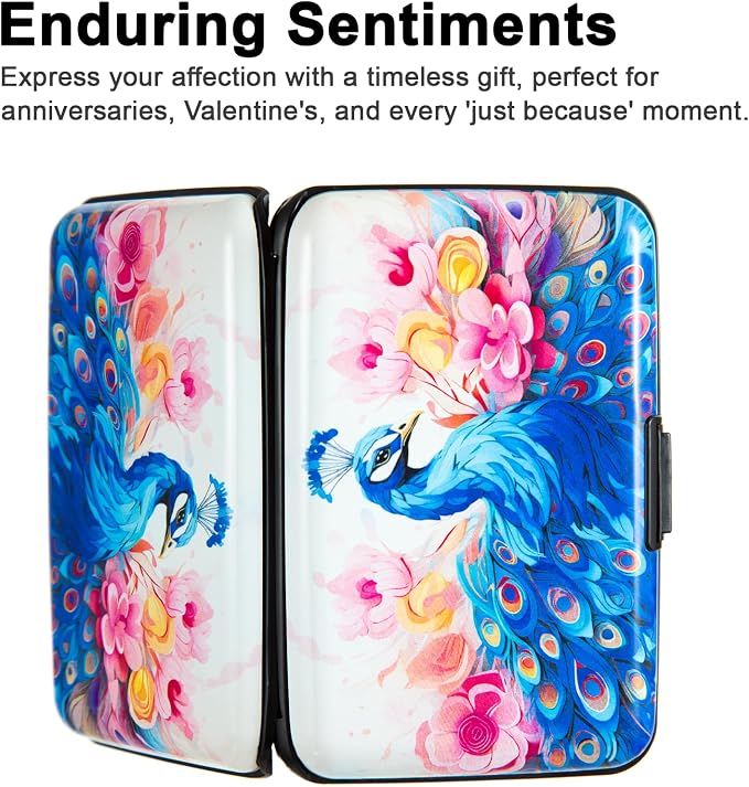 Credit Card Holder for Women Men RFID Blocking Wallet Small Business Metal Slim Mini Aluminum Hard Case (Watercolor Peacock)