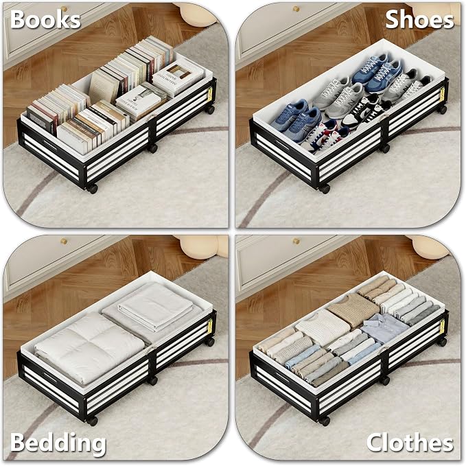 Under Bed Storage Containers with Wheels, Larger Bamboo Wood Under Furniture Storage Containers with Dust Bags，Rolling for Shoes Clothes